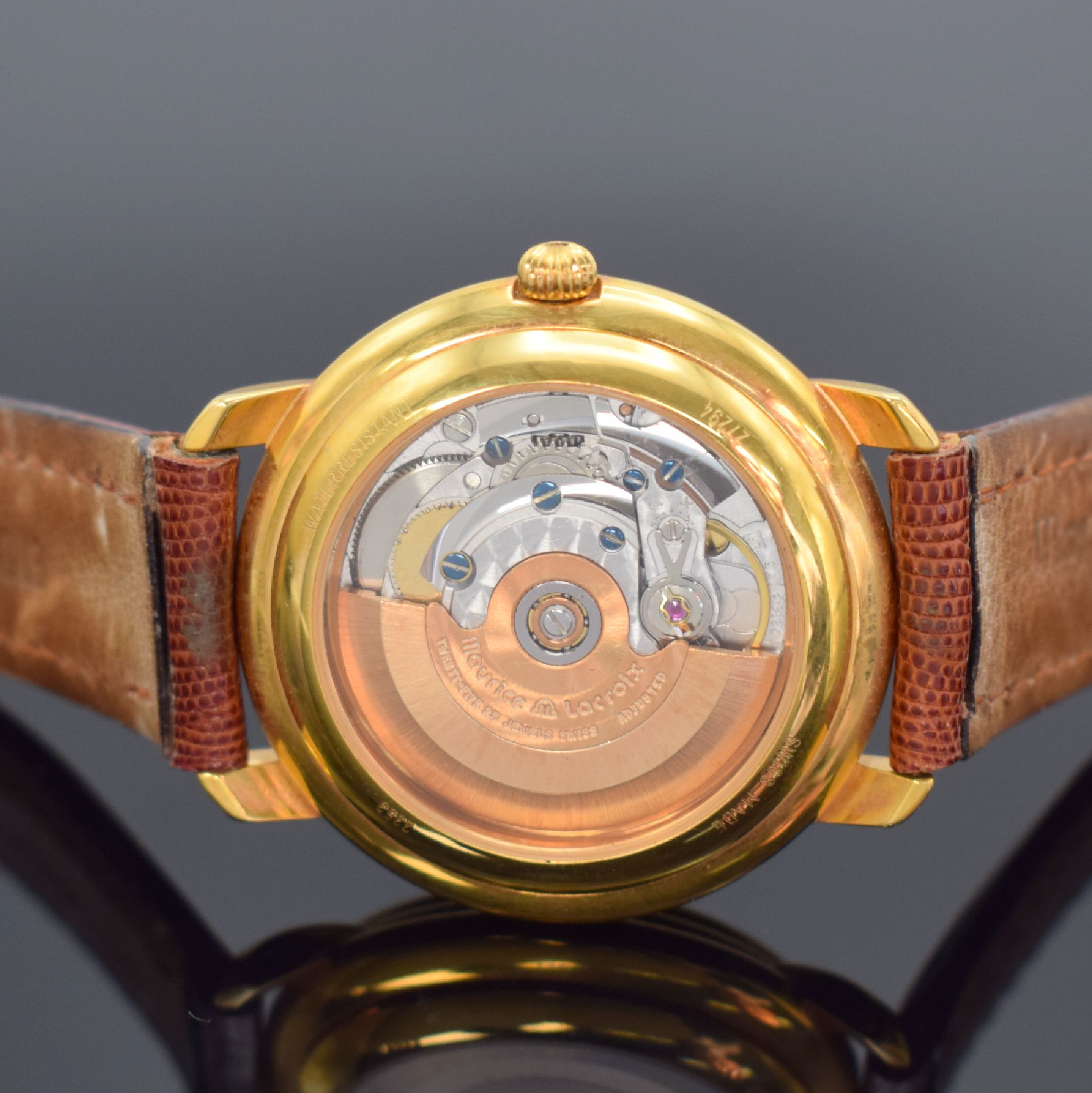Detail c: MAURICE LACROIX Masterpiece Herrenarmbanduhr Referenz 27294, Schweiz 1990er Jahre, Automatik, verg. Geh. beids. vergl., Boden & Glasrand aufgedr., ...