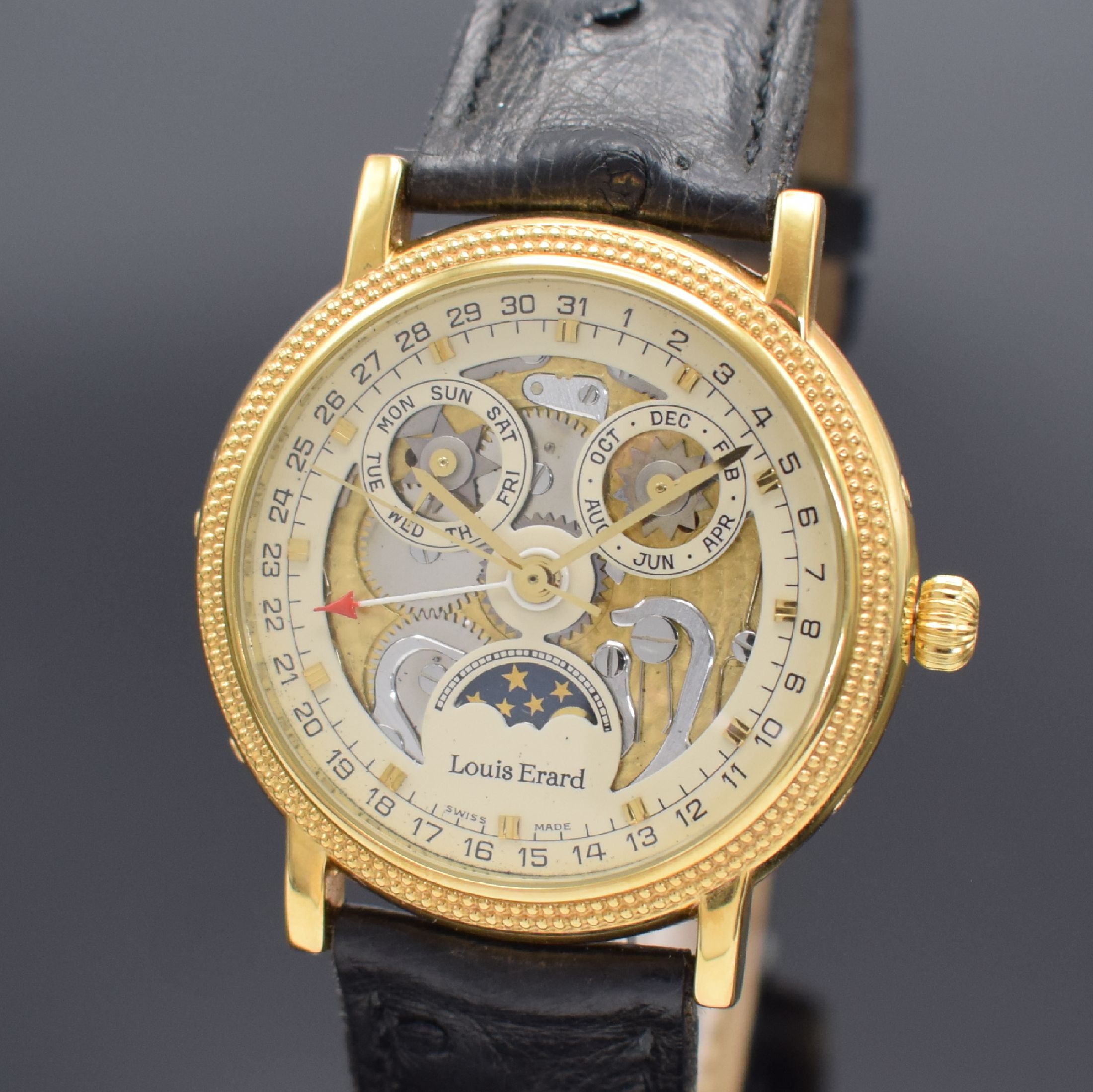 Detail a: LOUIS ERARD Armbanduhr Phase de Lune, Automatik, Schweiz um 2000, verg. Geh. inkl. orig. Lederband m. orig. Dornschl., beids. vergl., Boden aufgedr., ...