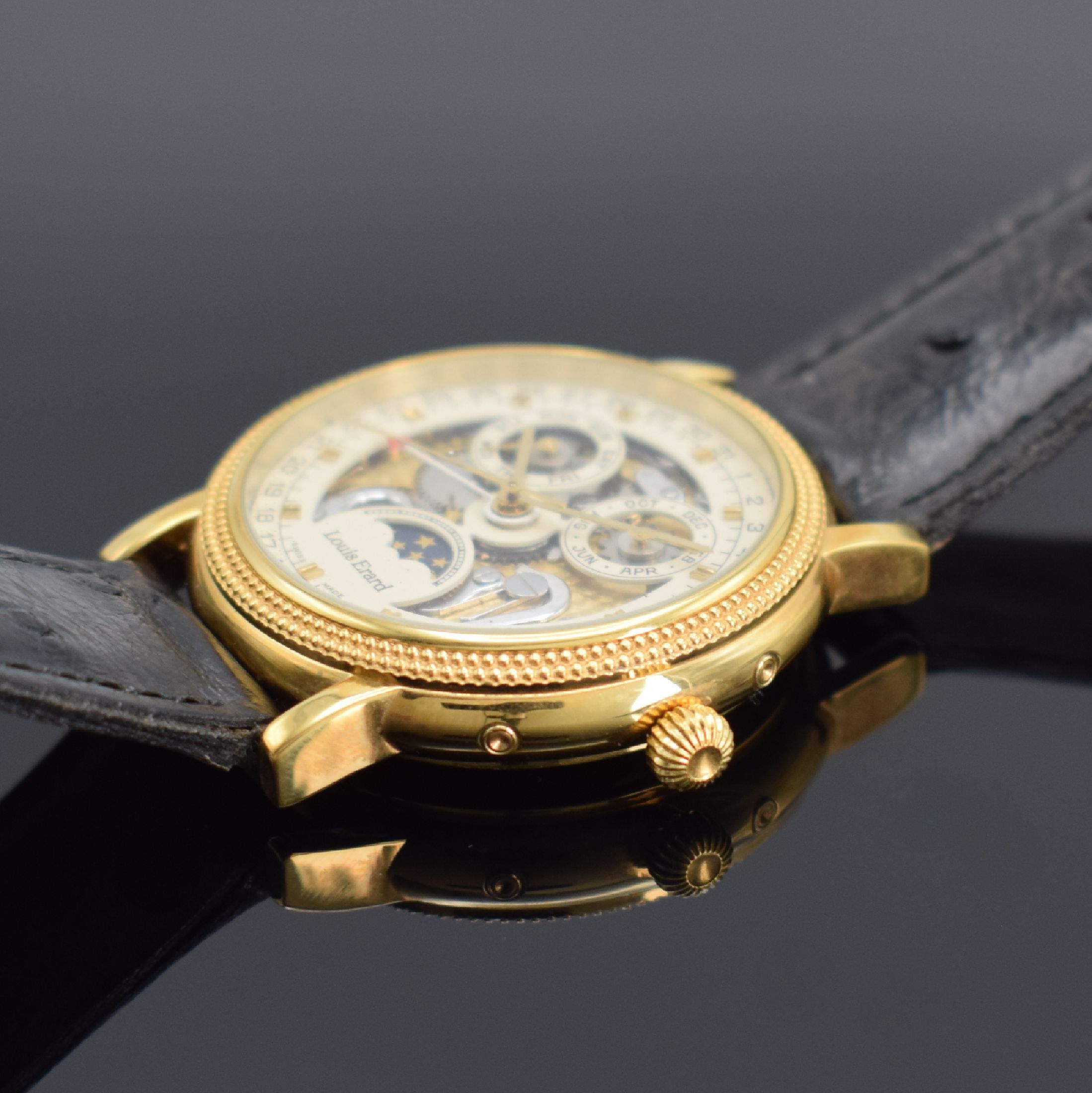 Detail c: LOUIS ERARD Armbanduhr Phase de Lune, Automatik, Schweiz um 2000, verg. Geh. inkl. orig. Lederband m. orig. Dornschl., beids. vergl., Boden aufgedr., ...