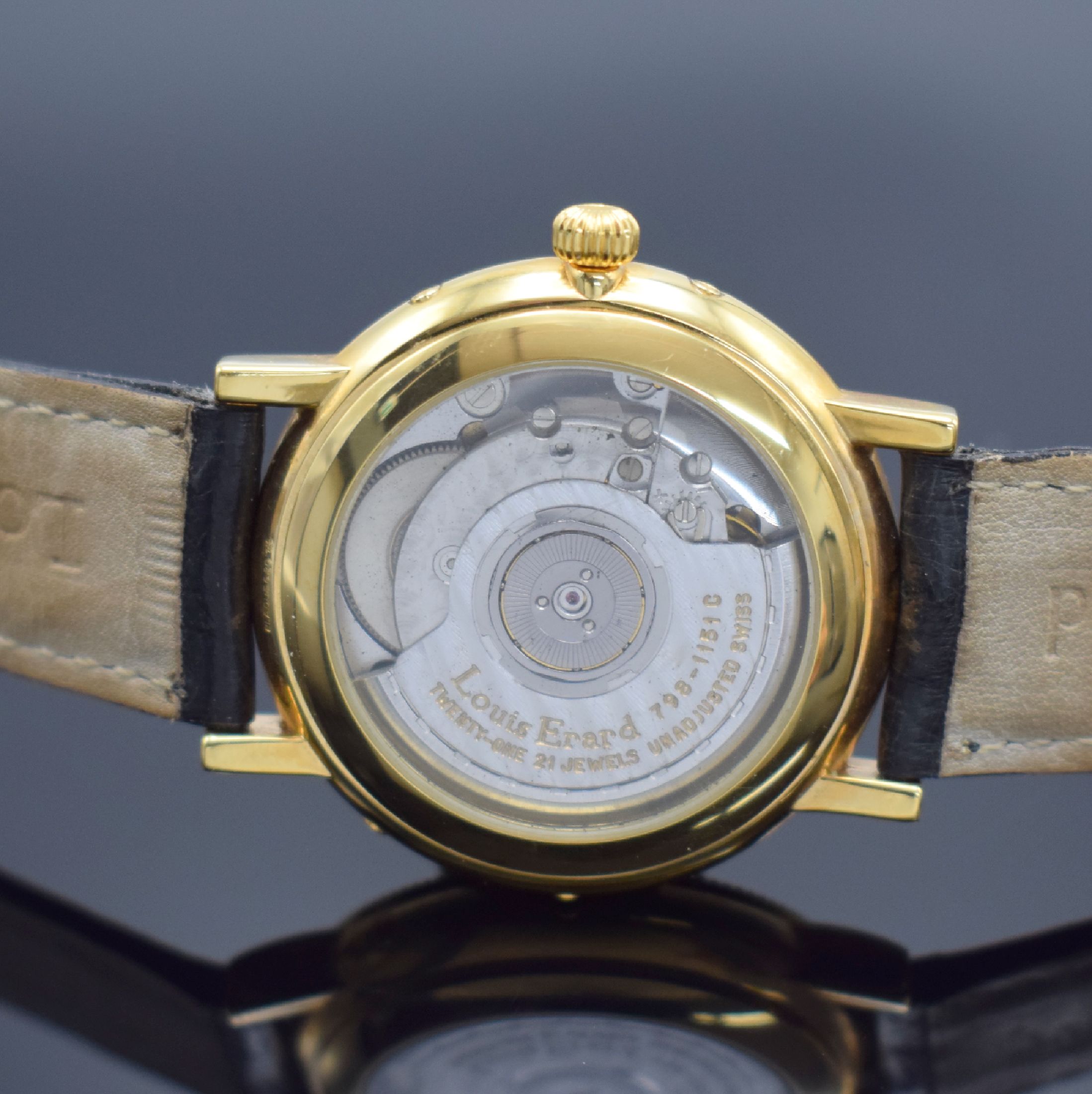 Detail e: LOUIS ERARD Armbanduhr Phase de Lune, Automatik, Schweiz um 2000, verg. Geh. inkl. orig. Lederband m. orig. Dornschl., beids. vergl., Boden aufgedr., ...