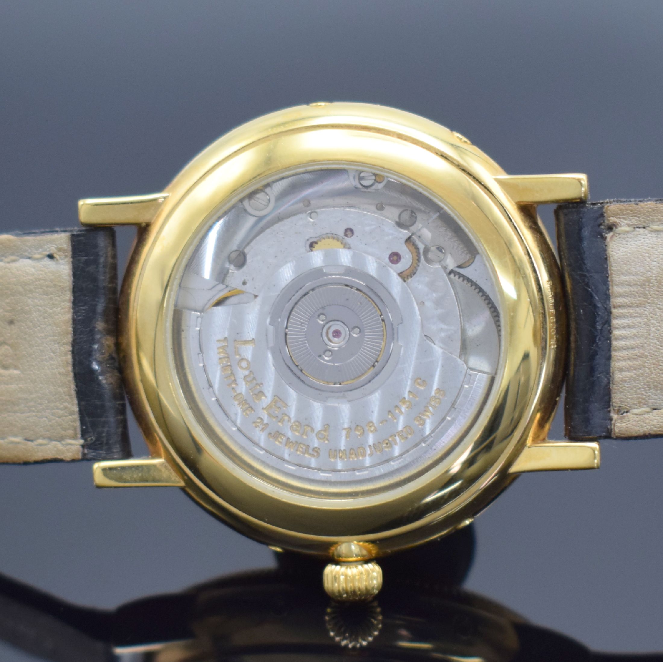 Detail f: LOUIS ERARD Armbanduhr Phase de Lune, Automatik, Schweiz um 2000, verg. Geh. inkl. orig. Lederband m. orig. Dornschl., beids. vergl., Boden aufgedr., ...