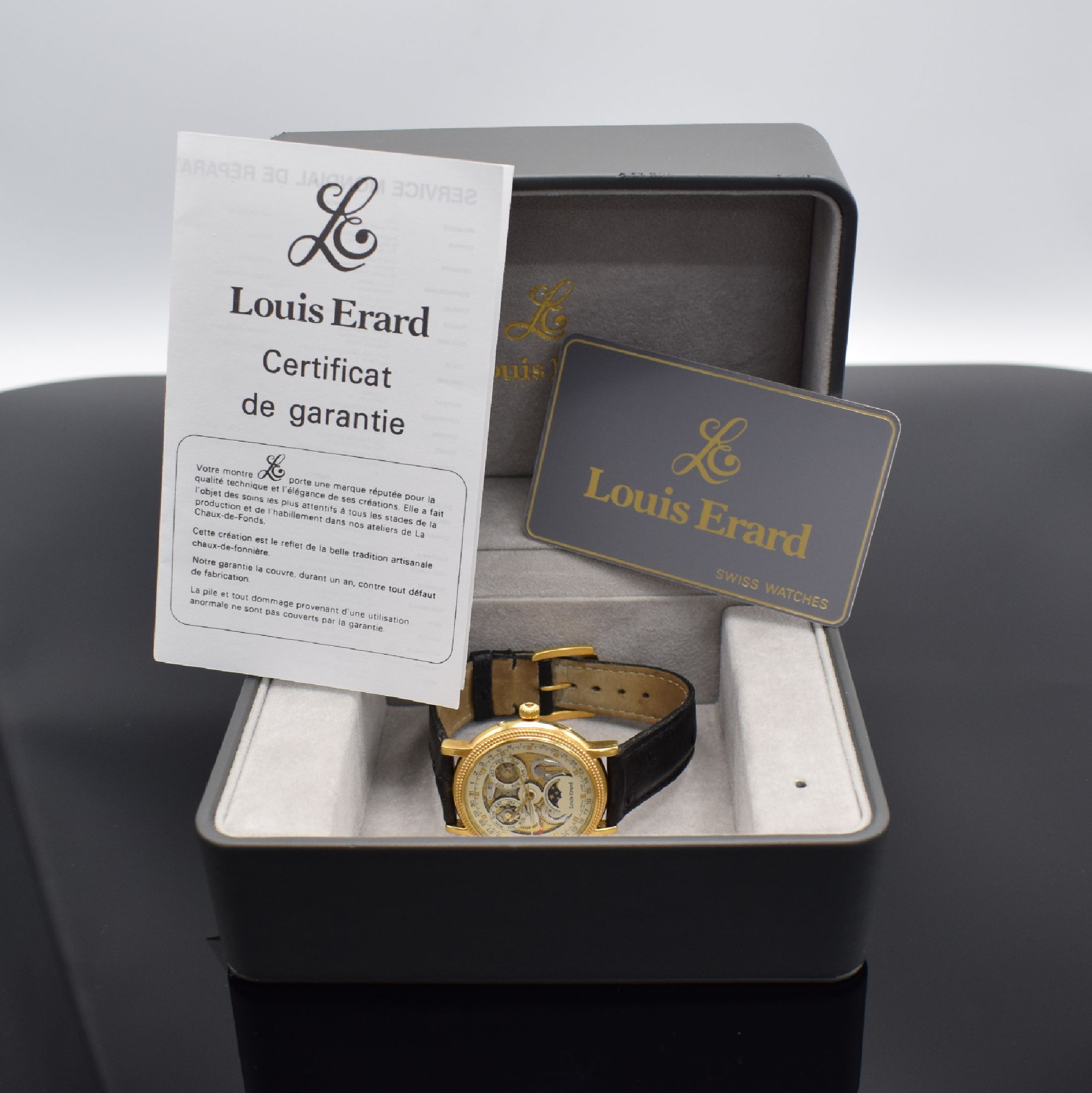 Detail g: LOUIS ERARD Armbanduhr Phase de Lune, Automatik, Schweiz um 2000, verg. Geh. inkl. orig. Lederband m. orig. Dornschl., beids. vergl., Boden aufgedr., ...