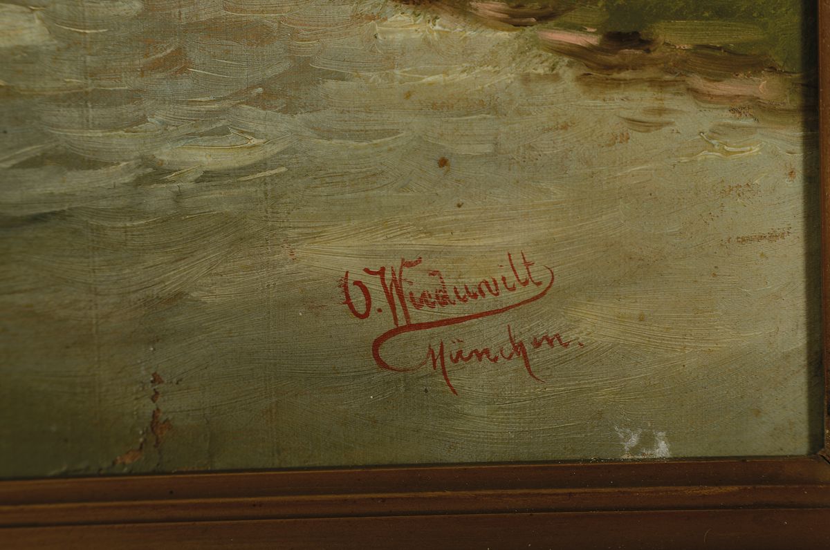 Detail a: Franz Otto Wieduwilt, 1841 Eching - 1930 München, Maler der Münchner Schule, Dorf mit Kirchturm vor Alpenpanorama, Figurenstaffage, rechts unten ...