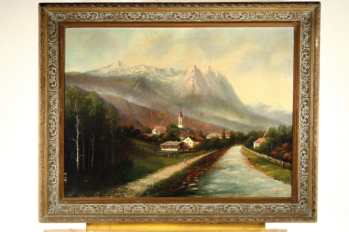 Detail k: Franz Otto Wieduwilt, 1841 Eching - 1930 München, Maler der Münchner Schule, Dorf mit Kirchturm vor Alpenpanorama, Figurenstaffage, rechts unten ...