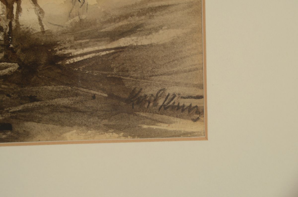 Detail a: Karl Friedrich Kunz, 1904-1969, Reitergruppe am Waldrand, Aquarell auf Papier,rechts unten signiert, ca. 21x16cm, PP, u.Gl., R. ca. 37x30cm