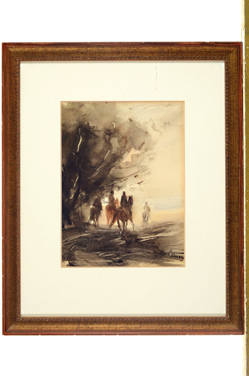 Detail k: Karl Friedrich Kunz, 1904-1969, Reitergruppe am Waldrand, Aquarell auf Papier,rechts unten signiert, ca. 21x16cm, PP, u.Gl., R. ca. 37x30cm