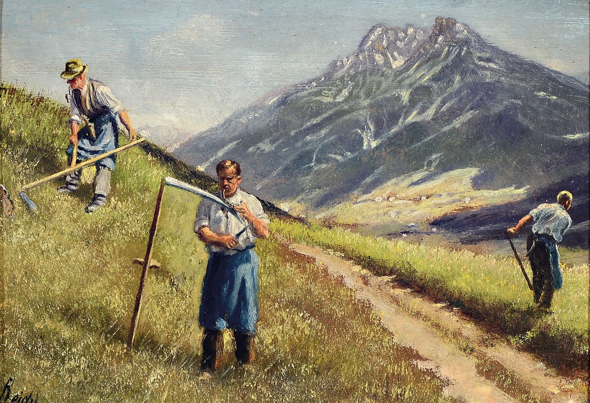 Alois Reichl, geb. 1864, Heuernte in den Alpen, Öl/Malkarton, links unten signiert, ca, 15x22cm, R. ca. 26x33cm
