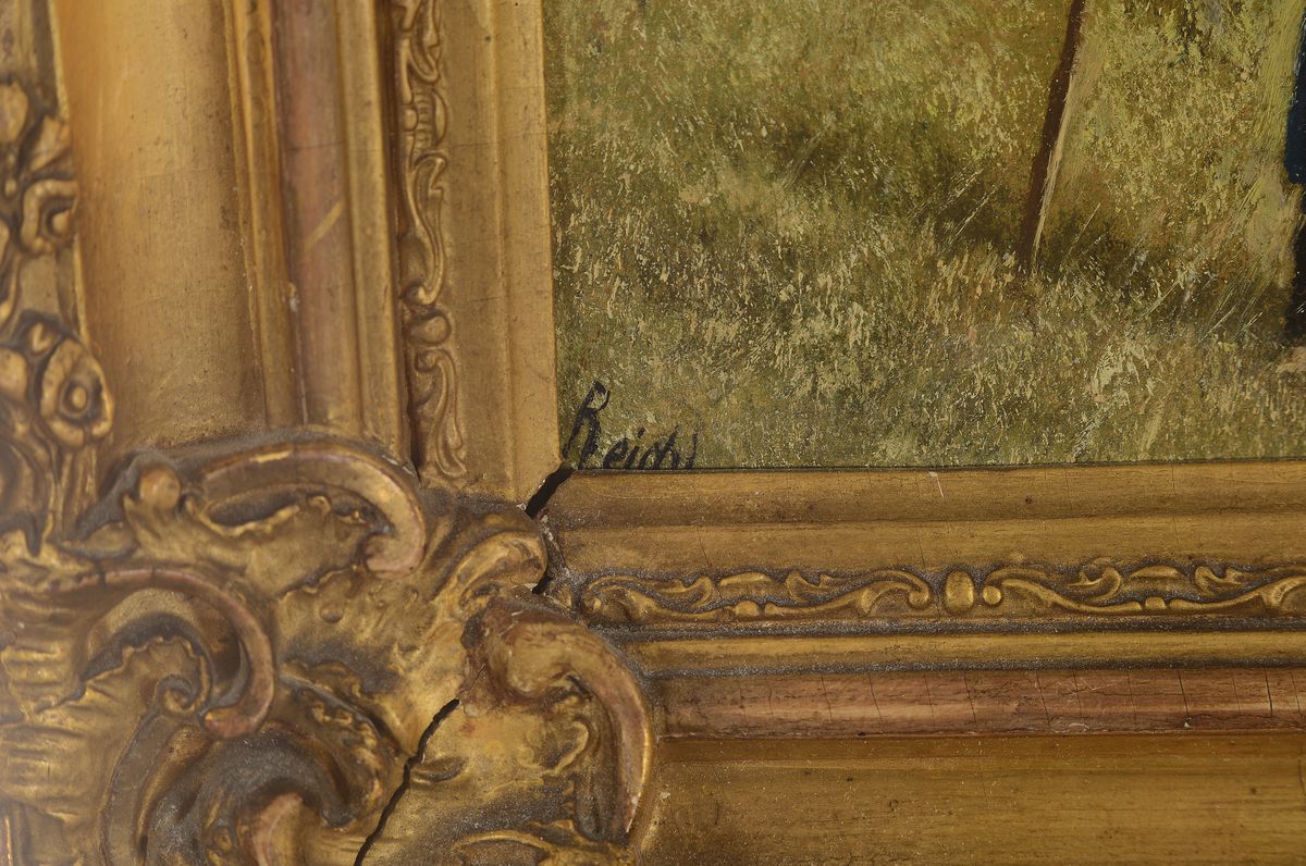 Detail a: Alois Reichl, geb. 1864, Heuernte in den Alpen, Öl/Malkarton, links unten signiert, ca, 15x22cm, R. ca. 26x33cm