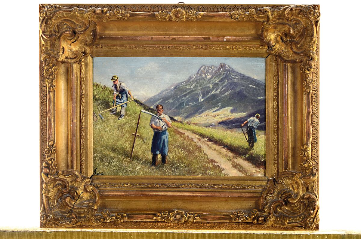 Detail k: Alois Reichl, geb. 1864, Heuernte in den Alpen, Öl/Malkarton, links unten signiert, ca, 15x22cm, R. ca. 26x33cm