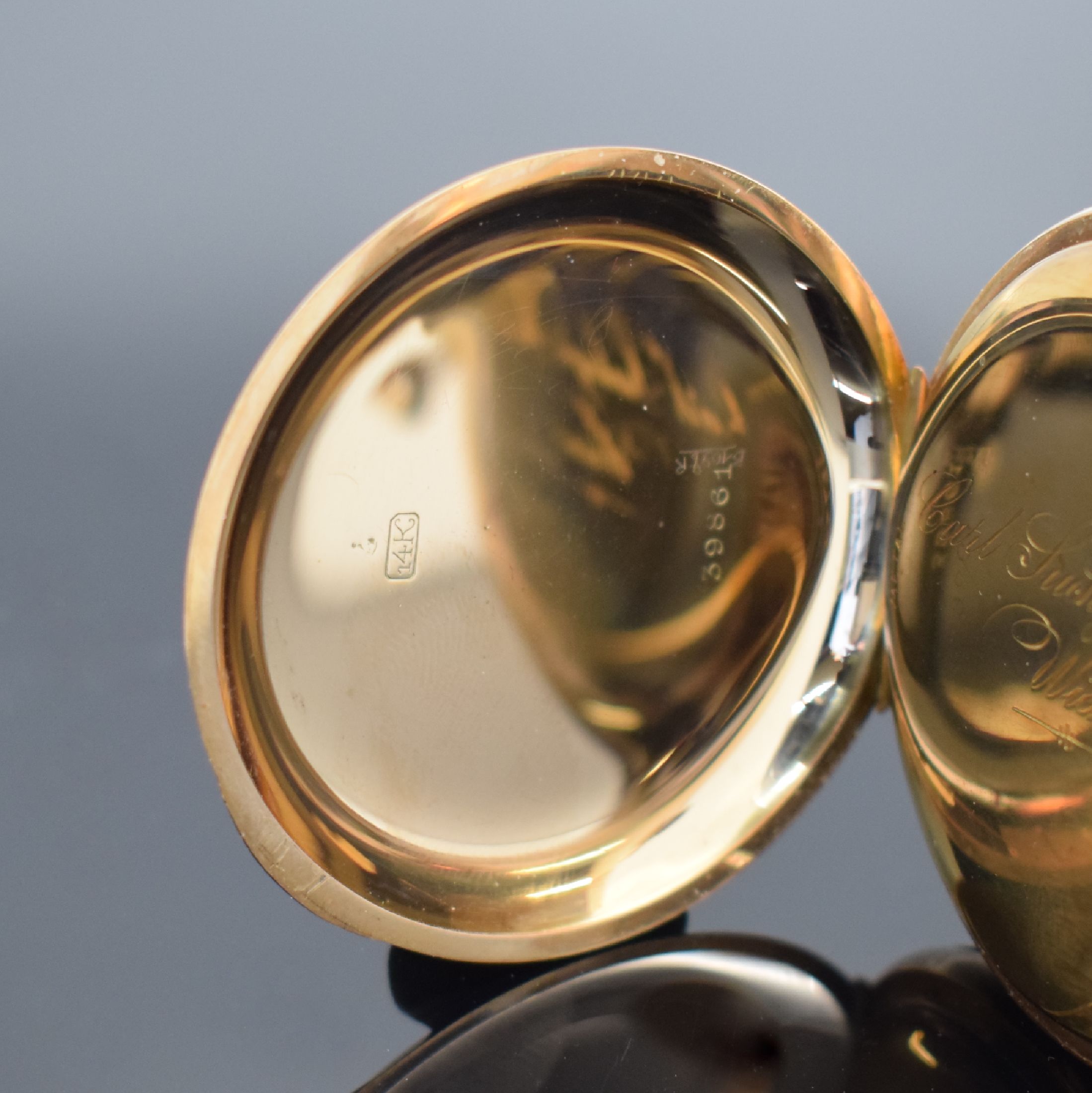 Detail d: CARL SUCHY & SÖHNE Wien Savonette Herrentaschenuhr in RG 585/000, Österreich um 1910, glattes 2-Deckel Goldgeh. l. verz., grav. Cuvette verg., ...