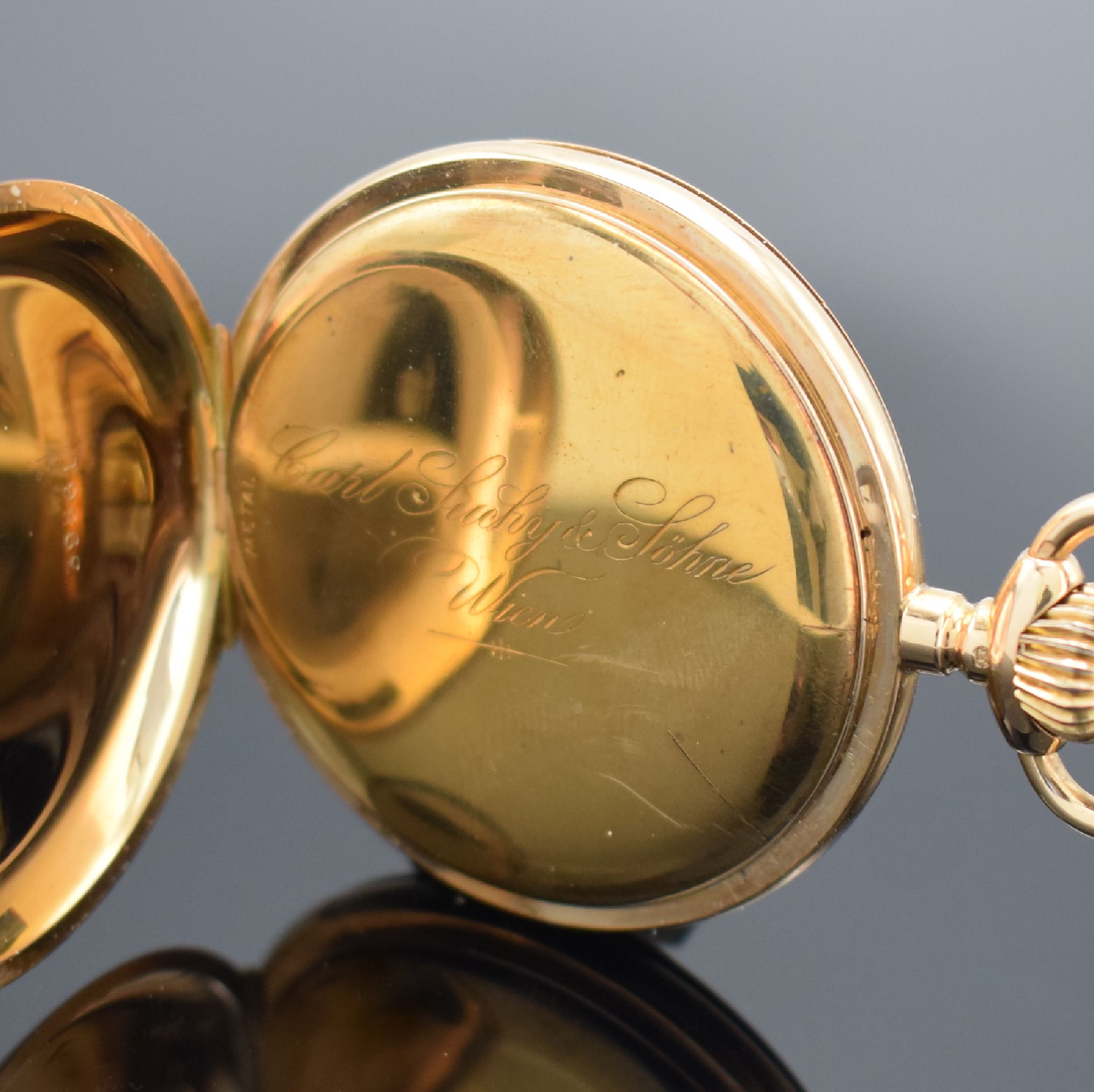 Detail e: CARL SUCHY & SÖHNE Wien Savonette Herrentaschenuhr in RG 585/000, Österreich um 1910, glattes 2-Deckel Goldgeh. l. verz., grav. Cuvette verg., ...