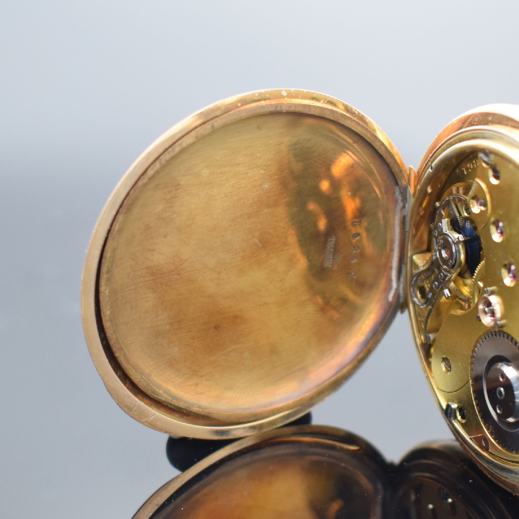 Detail f: CARL SUCHY & SÖHNE Wien Savonette Herrentaschenuhr in RG 585/000, Österreich um 1910, glattes 2-Deckel Goldgeh. l. verz., grav. Cuvette verg., ...