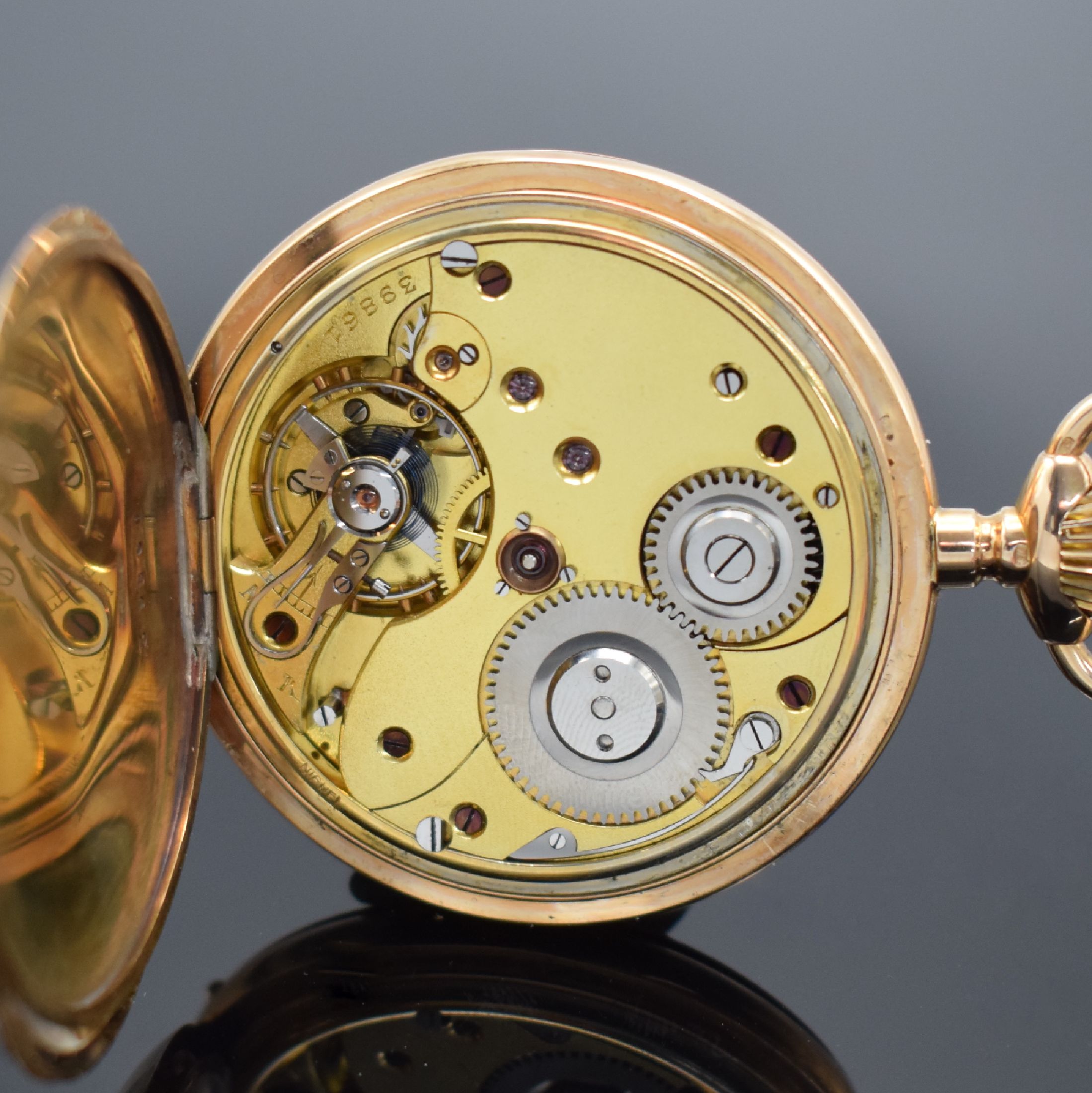 Detail g: CARL SUCHY & SÖHNE Wien Savonette Herrentaschenuhr in RG 585/000, Österreich um 1910, glattes 2-Deckel Goldgeh. l. verz., grav. Cuvette verg., ...