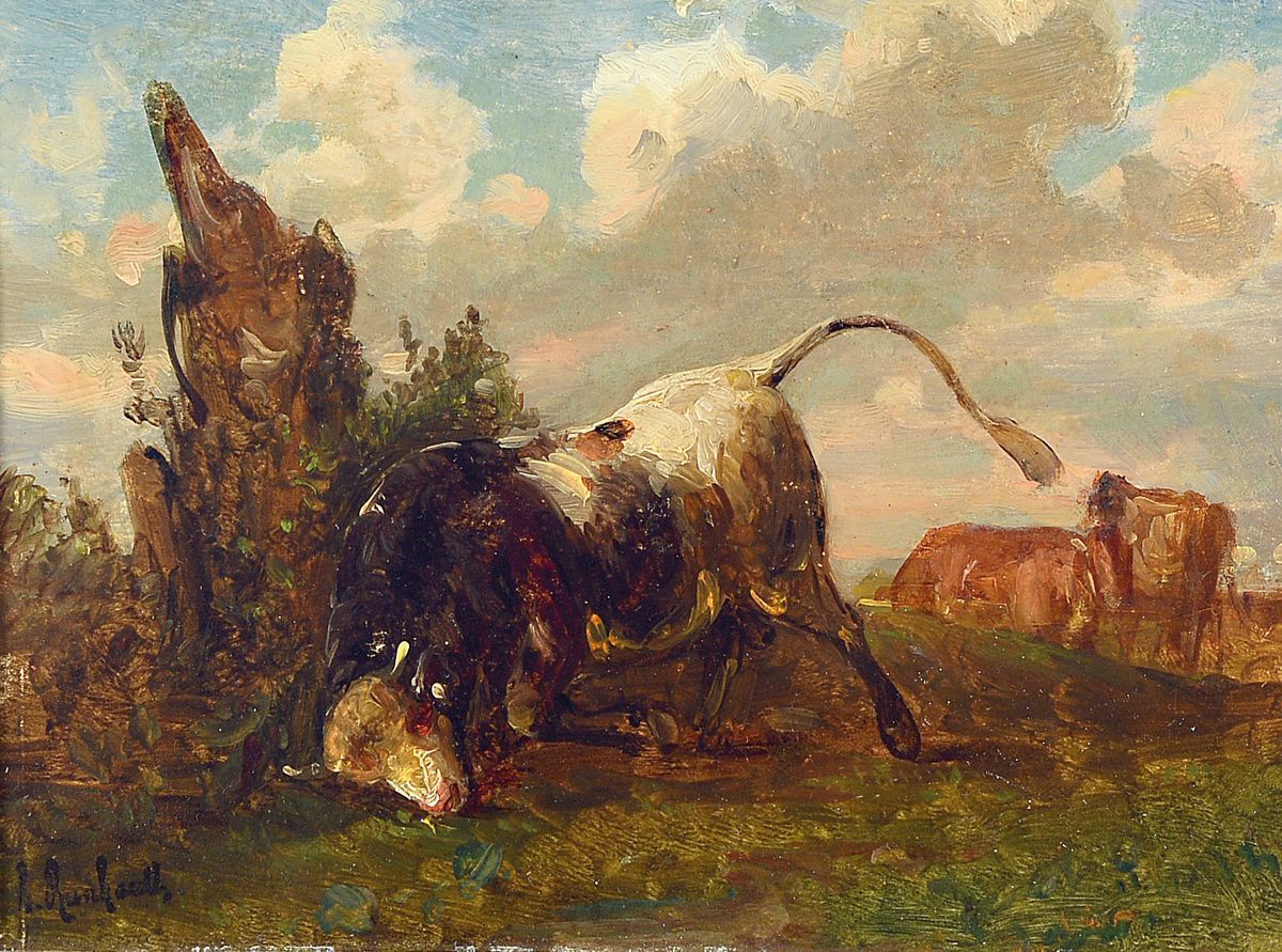 Rudolf Burkhardt, 1894-1972 Stuttgart, Stier, sich an einem Baumstumpf die Hörner abstoßend, Öl/Malkarton, links unten sign., ca. 16x22cm, R. ca. ...