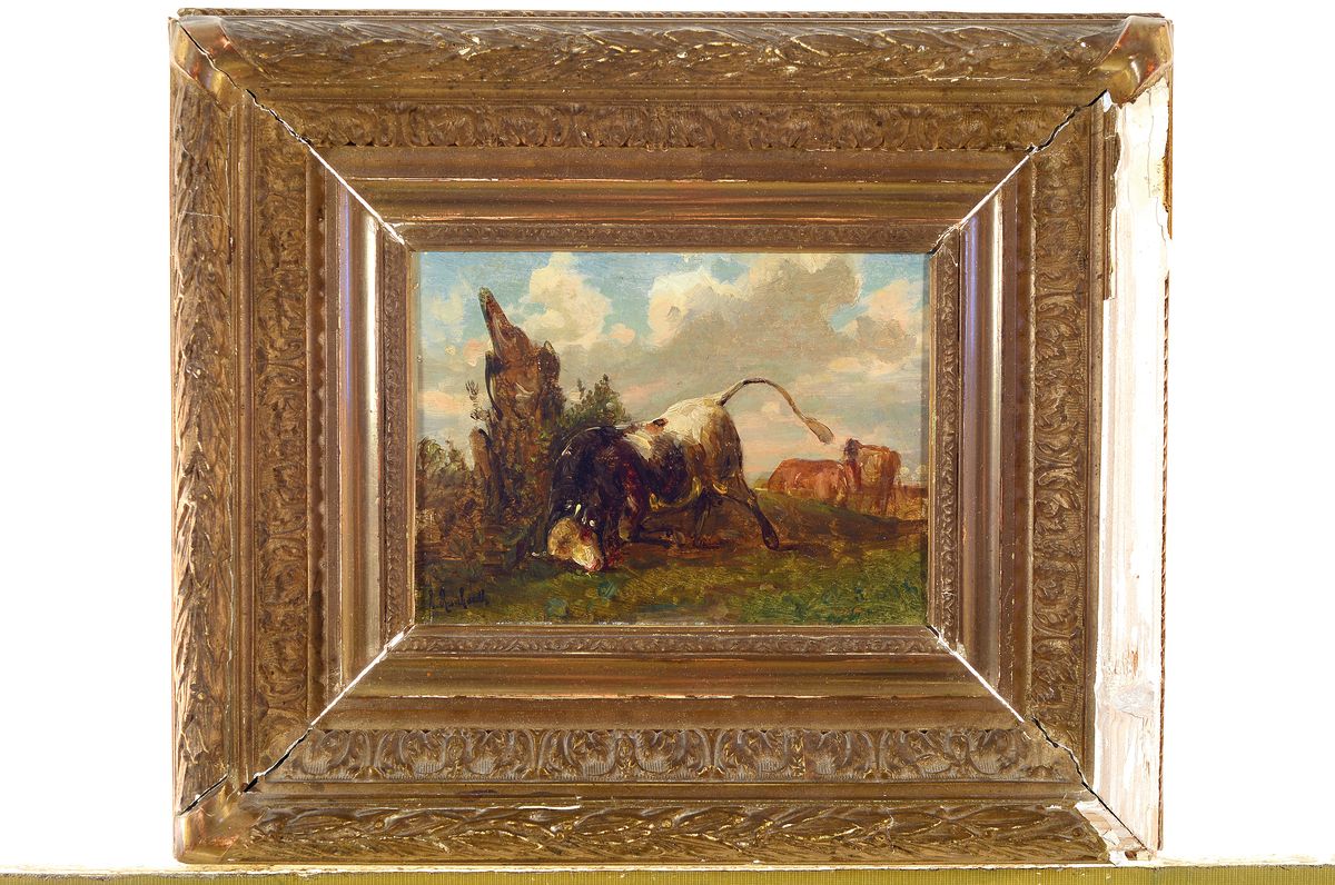 Detail k: Rudolf Burkhardt, 1894-1972 Stuttgart, Stier, sich an einem Baumstumpf die Hörner abstoßend, Öl/Malkarton, links unten sign., ca. 16x22cm, R. ca. ...