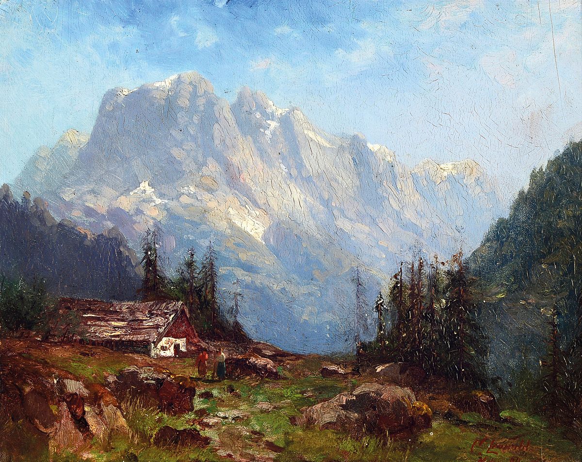 Curt Carl Leopold, 1860 Halle-1946 München, Landschaft in den Hochalpen, Personen vor einer Hütte, Öl/Holz, rechts unten signiert und dat. 94, ca. ...