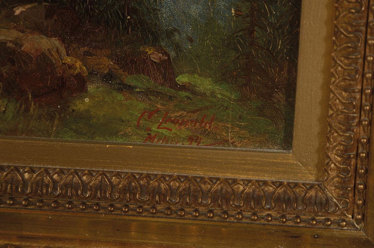 Detail a: Curt Carl Leopold, 1860 Halle-1946 München, Landschaft in den Hochalpen, Personen vor einer Hütte, Öl/Holz, rechts unten signiert und dat. 94, ca. ...