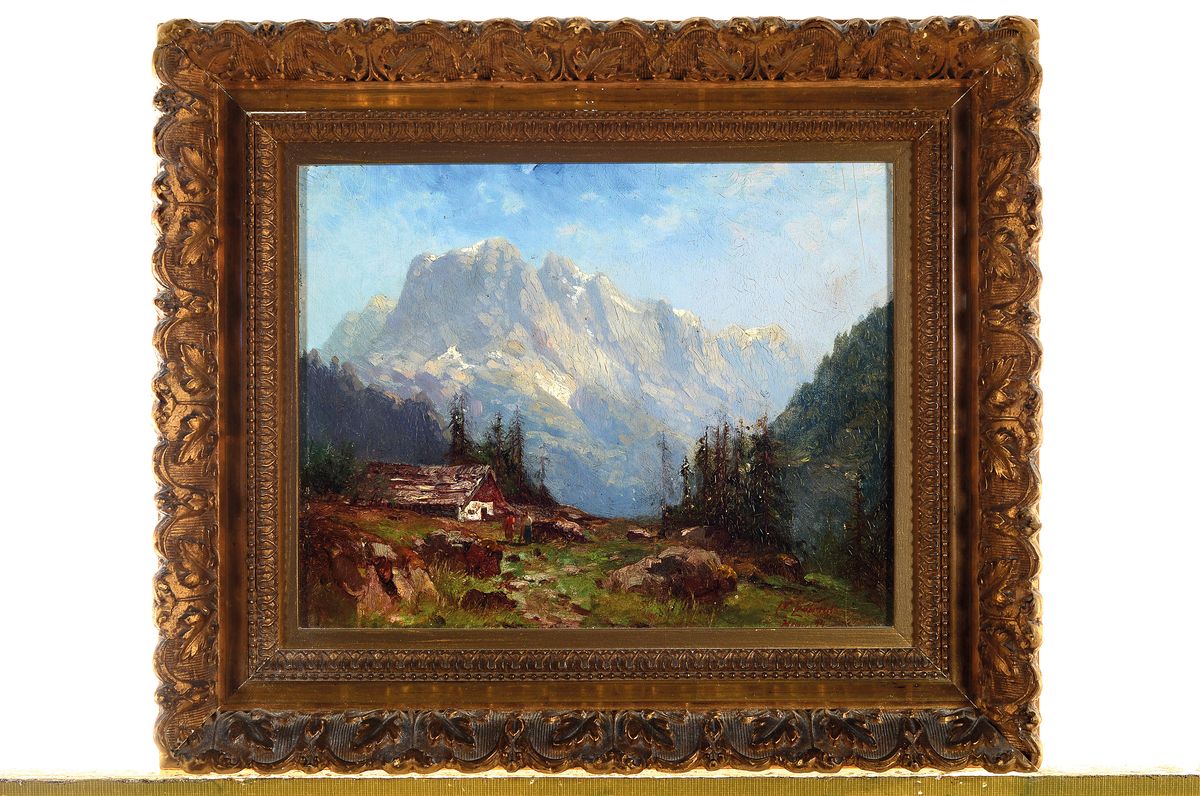 Detail k: Curt Carl Leopold, 1860 Halle-1946 München, Landschaft in den Hochalpen, Personen vor einer Hütte, Öl/Holz, rechts unten signiert und dat. 94, ca. ...