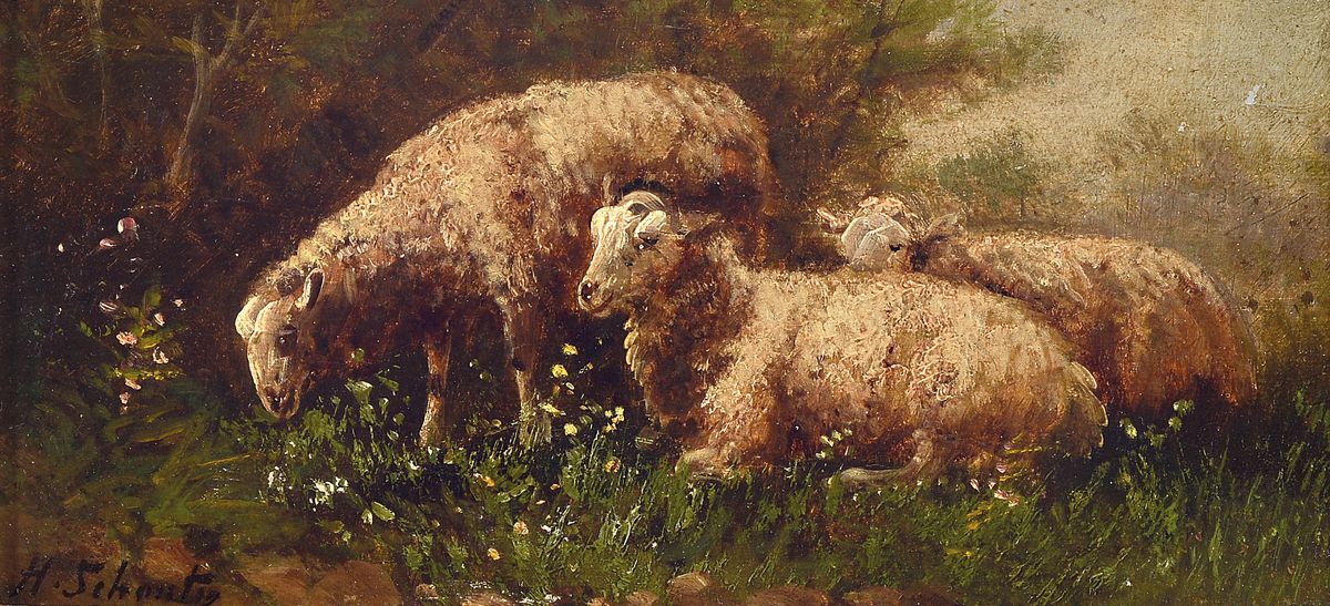 Henry Schouten, Belgien 1857-1927, Schafe auf der Weide, Öl/Holz, links unten signiert, ca. 12x24cm, R. ca. 22x34cm