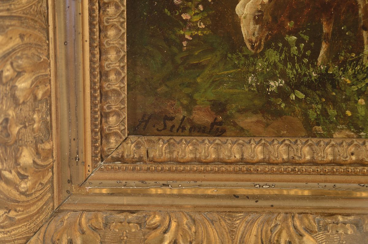 Detail a: Henry Schouten, Belgien 1857-1927, Schafe auf der Weide, Öl/Holz, links unten signiert, ca. 12x24cm, R. ca. 22x34cm
