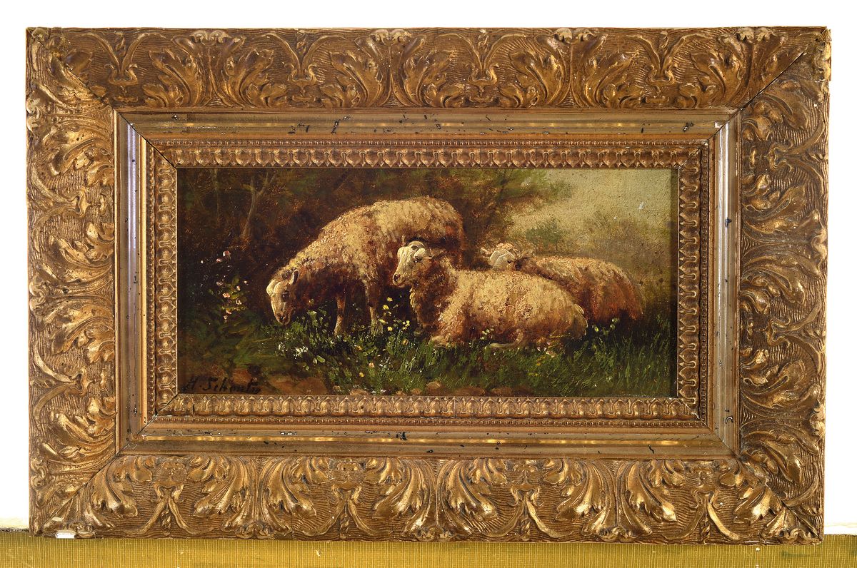 Detail k: Henry Schouten, Belgien 1857-1927, Schafe auf der Weide, Öl/Holz, links unten signiert, ca. 12x24cm, R. ca. 22x34cm