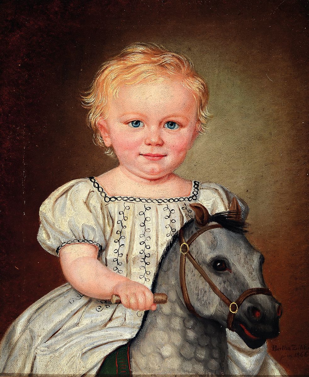 Bertha Zilcher, datiert 1866, Porträt eines Kindes auf dem Schaukelpferd, Öl/Lwd, rest., doubl., rechts unten signiert und dat., ca. 40x33cm, R. ...