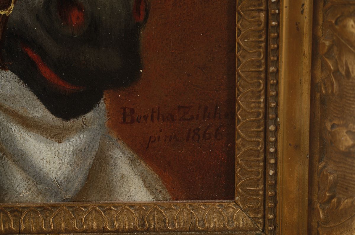 Detail a: Bertha Zilcher, datiert 1866, Porträt eines Kindes auf dem Schaukelpferd, Öl/Lwd, rest., doubl., rechts unten signiert und dat., ca. 40x33cm, R. ...
