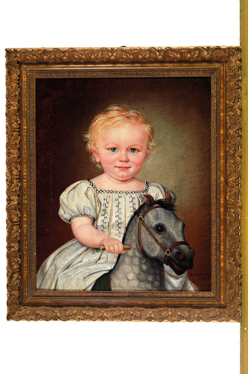 Detail k: Bertha Zilcher, datiert 1866, Porträt eines Kindes auf dem Schaukelpferd, Öl/Lwd, rest., doubl., rechts unten signiert und dat., ca. 40x33cm, R. ...