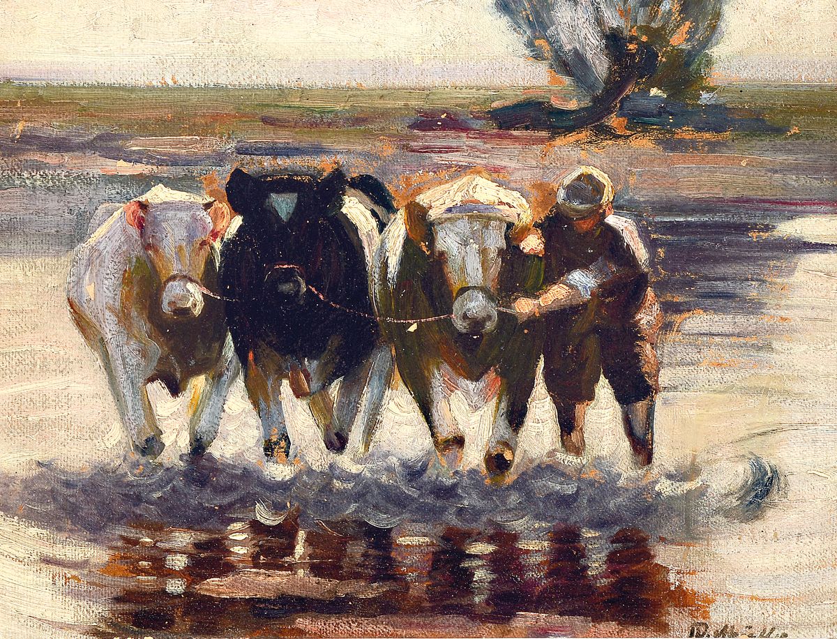 Willibald Müller, 1880 Franzensbad/Österreich-1926, Schüler des Heinrich von Zügel, Führer mit drei Kühen in der Furt bei Wörth, ...