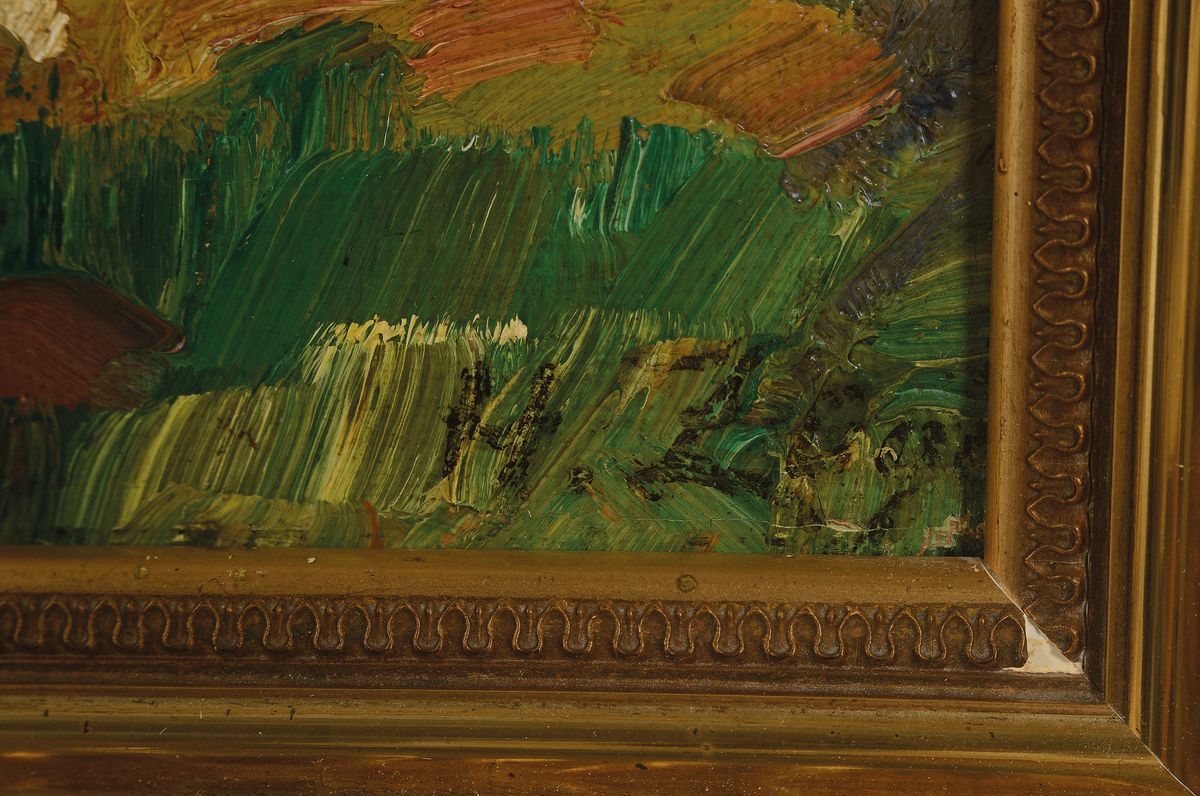 Detail a: Heinrich von Zügel, 1850 Murrhardt - 1941 München, Studium an der Kunstschule Stuttgart, hier: Zwei Rinder im Schatten zweier Bäume, Braun- und ...