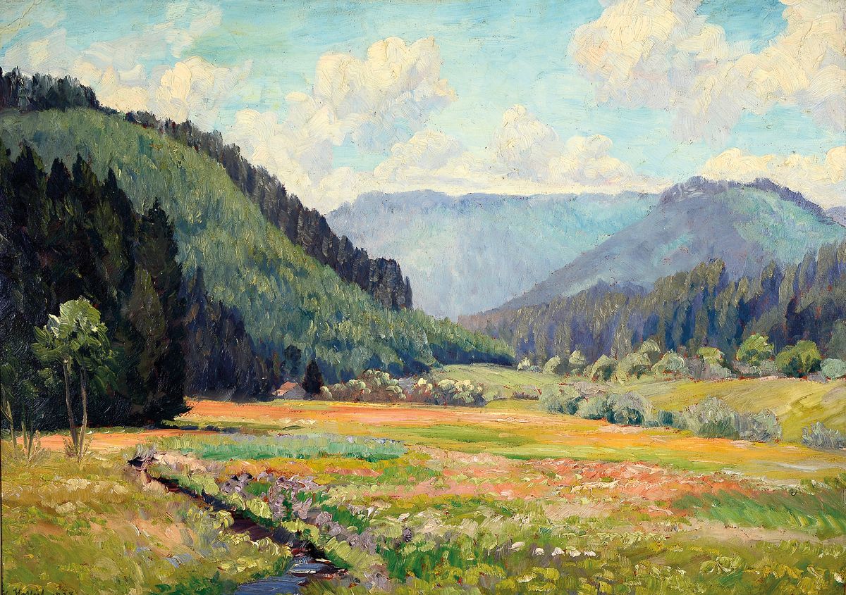 Heinrich Hoffritz, 1884-1963 Köln, Landschaft mit Bergen, Wiese und Bachlauf, Öl/Malkarton, links unten signiert, dat. 1928, ca. 71x99cm, R. ca. ...