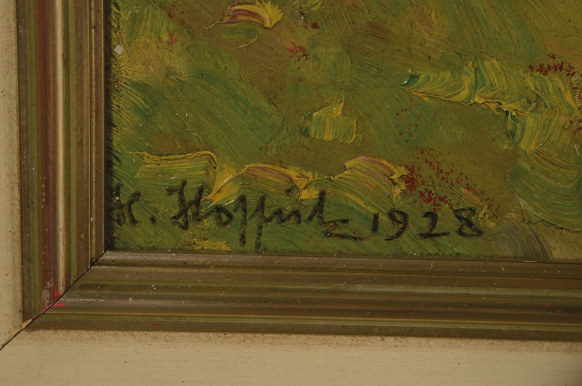 Detail a: Heinrich Hoffritz, 1884-1963 Köln, Landschaft mit Bergen, Wiese und Bachlauf, Öl/Malkarton, links unten signiert, dat. 1928, ca. 71x99cm, R. ca. ...