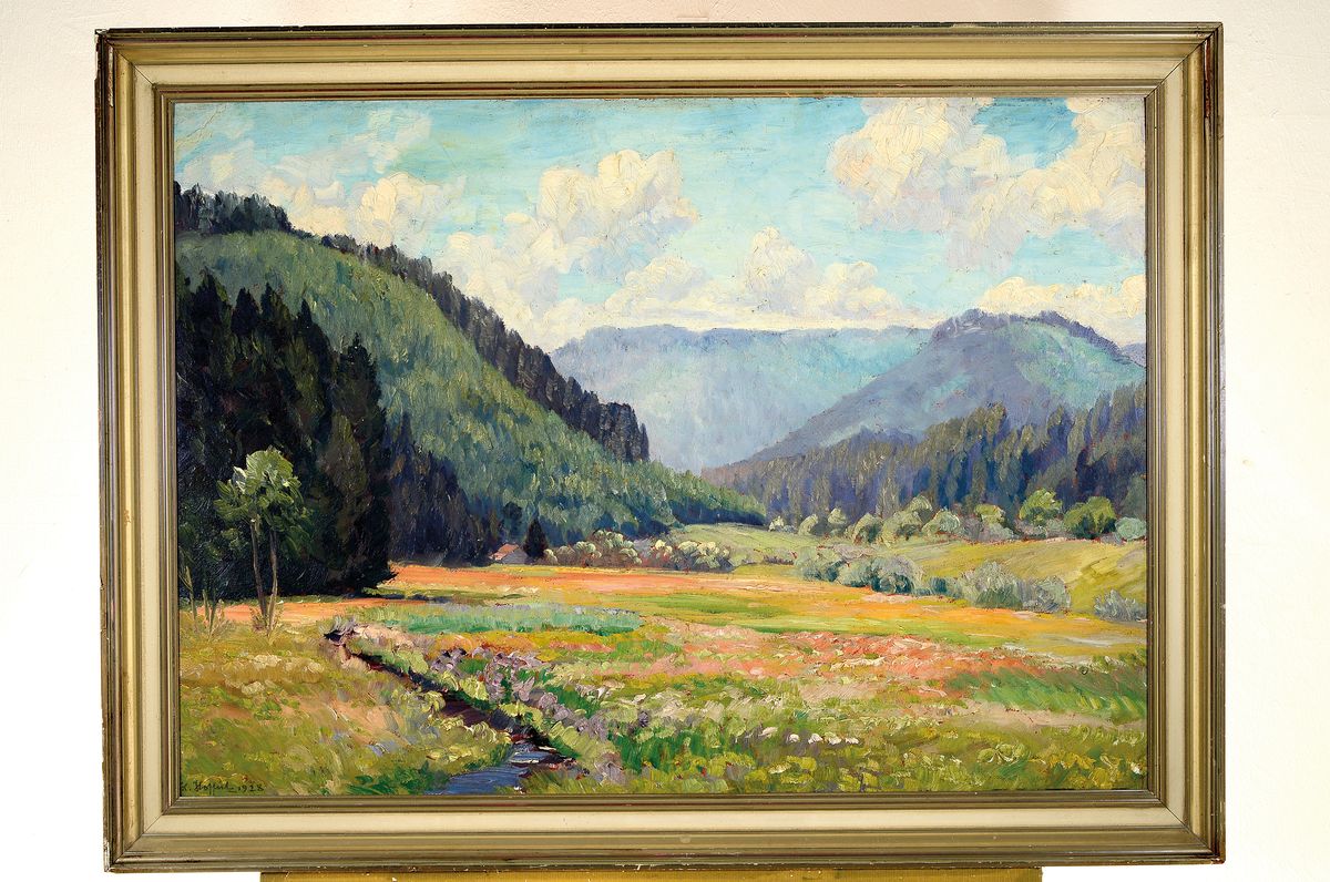 Detail k: Heinrich Hoffritz, 1884-1963 Köln, Landschaft mit Bergen, Wiese und Bachlauf, Öl/Malkarton, links unten signiert, dat. 1928, ca. 71x99cm, R. ca. ...