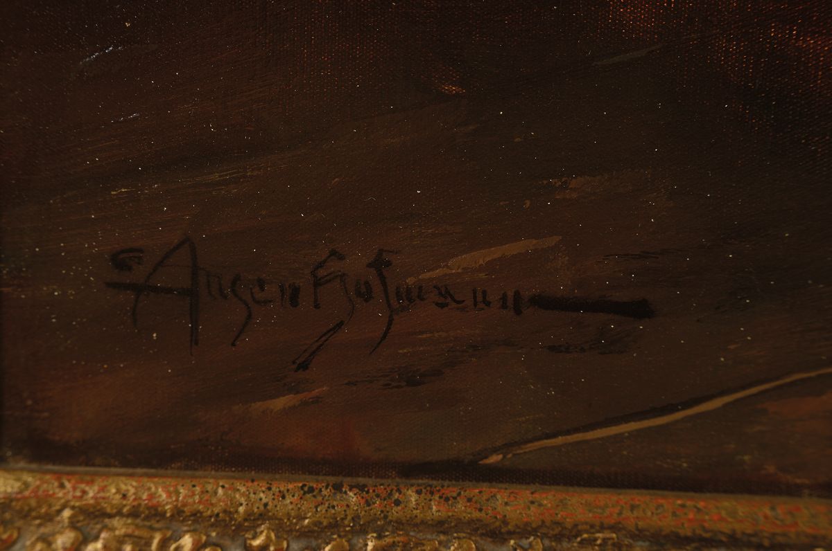 Detail a: Eugene Ansen Hofmann, 1862-1955, drei Männer beim Karten spielen in der Stube, Öl/Lwd, links unten signiert, ca. 80x60cm, R. ca. 103x83cm
