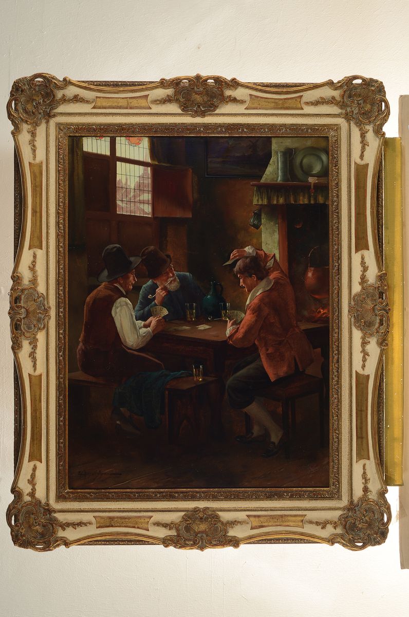 Detail k: Eugene Ansen Hofmann, 1862-1955, drei Männer beim Karten spielen in der Stube, Öl/Lwd, links unten signiert, ca. 80x60cm, R. ca. 103x83cm
