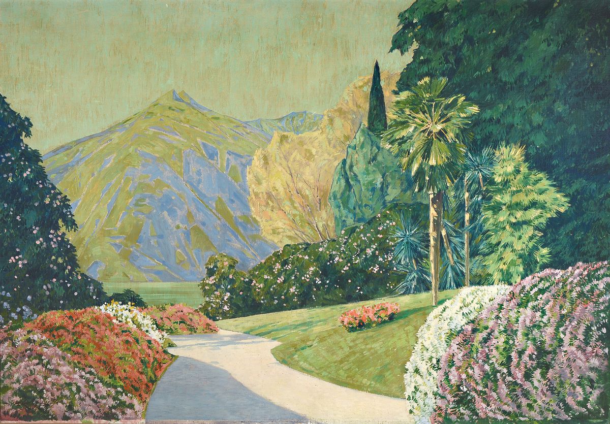 Willy Kukuk, 1875 Düsseldorf - 1944, Gebirgslandschaft mit blühendem Park, Öl/ Lwd, signiert, großformatige Ausführung, 90 x 130 cm, vergoldeter ...