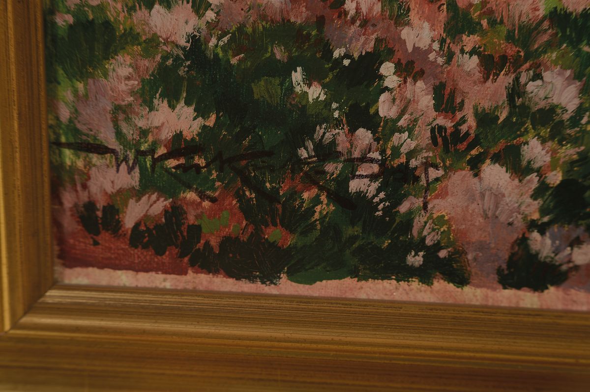 Detail a: Willy Kukuk, 1875 Düsseldorf - 1944, Gebirgslandschaft mit blühendem Park, Öl/ Lwd, signiert, großformatige Ausführung, 90 x 130 cm, vergoldeter ...