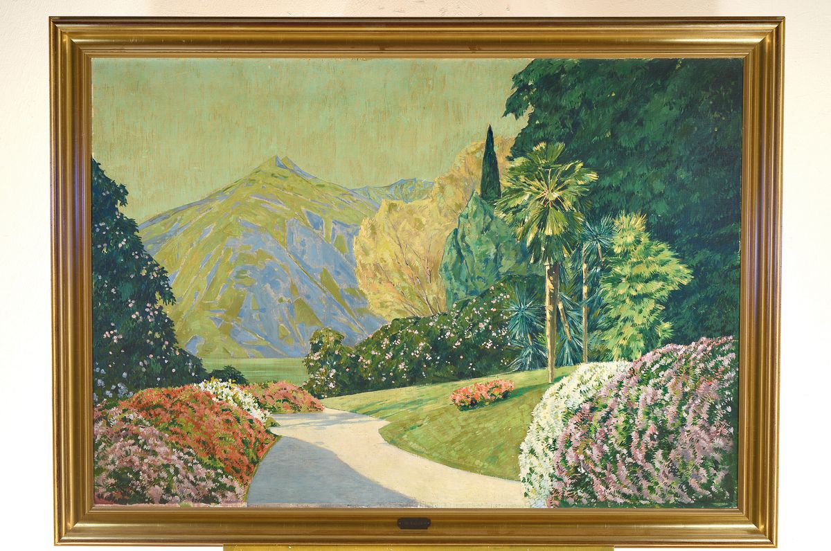 Detail k: Willy Kukuk, 1875 Düsseldorf - 1944, Gebirgslandschaft mit blühendem Park, Öl/ Lwd, signiert, großformatige Ausführung, 90 x 130 cm, vergoldeter ...