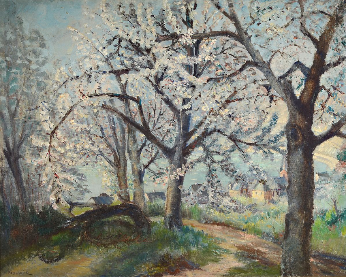 Hans Kruzwicki, 1885 Krefeld - 1971, Düsseldorf, Kirschblüte in Camp, signiert, rückseitig auf Etikett bezeichnet und dat. 1889, ca. 93 x 112 cm, ...