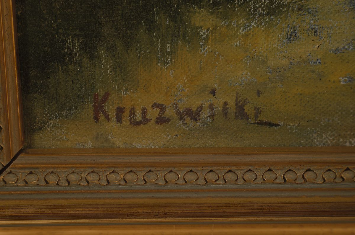 Detail a: Hans Kruzwicki, 1885 Krefeld - 1971, Düsseldorf, Kirschblüte in Camp, signiert, rückseitig auf Etikett bezeichnet und dat. 1889, ca. 93 x 112 cm, ...
