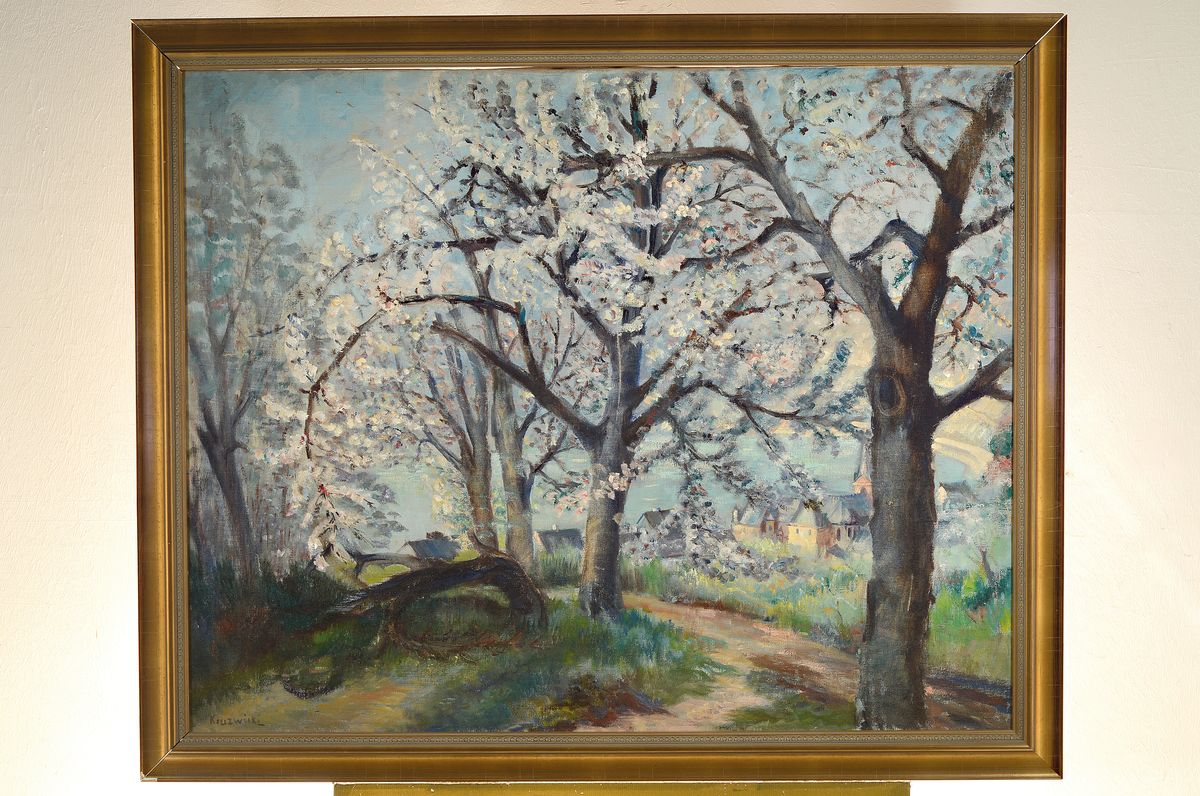 Detail k: Hans Kruzwicki, 1885 Krefeld - 1971, Düsseldorf, Kirschblüte in Camp, signiert, rückseitig auf Etikett bezeichnet und dat. 1889, ca. 93 x 112 cm, ...