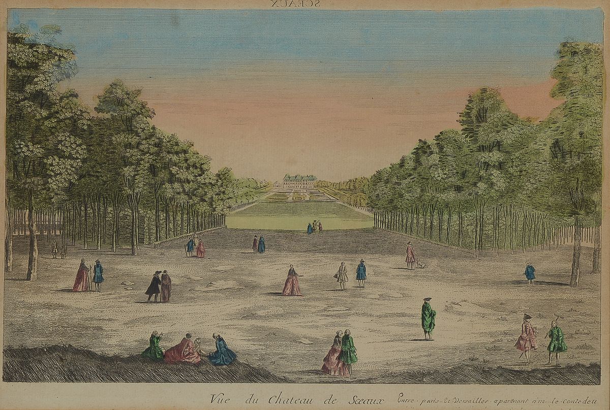 Zwei Kupferstiche/Guckkastenbilder, um 1780, a. Vue du Chateau de Sceaux, PP: ca. 26.5 x 40 cm, unter Glas, Rahmen: 44 x 56 cm, b. Un Lac et Village ...