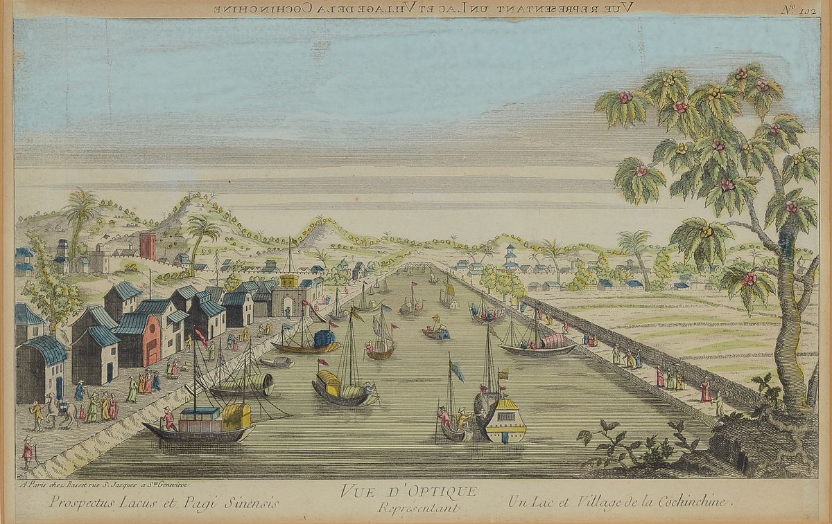 Detail a: Zwei Kupferstiche/Guckkastenbilder, um 1780, a. Vue du Chateau de Sceaux, PP: ca. 26.5 x 40 cm, unter Glas, Rahmen: 44 x 56 cm, b. Un Lac et Village ...
