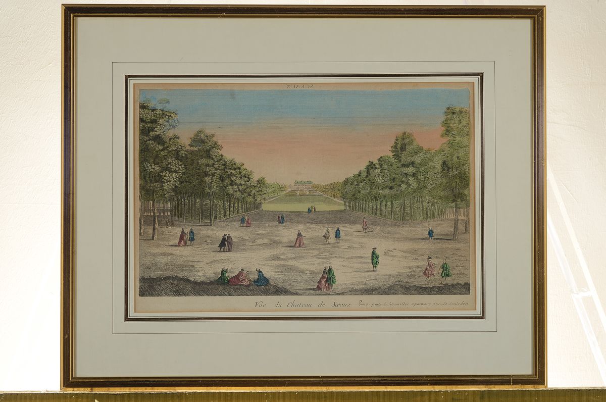 Detail k: Zwei Kupferstiche/Guckkastenbilder, um 1780, a. Vue du Chateau de Sceaux, PP: ca. 26.5 x 40 cm, unter Glas, Rahmen: 44 x 56 cm, b. Un Lac et Village ...