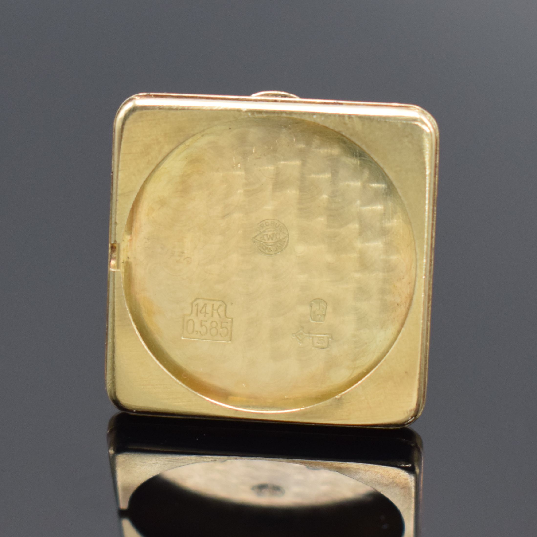 Detail e: IWC Armbanduhr in GG 585/000 mit Kaliber 62, Schweiz um 1940, Handaufzug, 2-teil. Gehäuse m. ausgefallenen Bandanst., Boden aufgedr., schwarzes ...