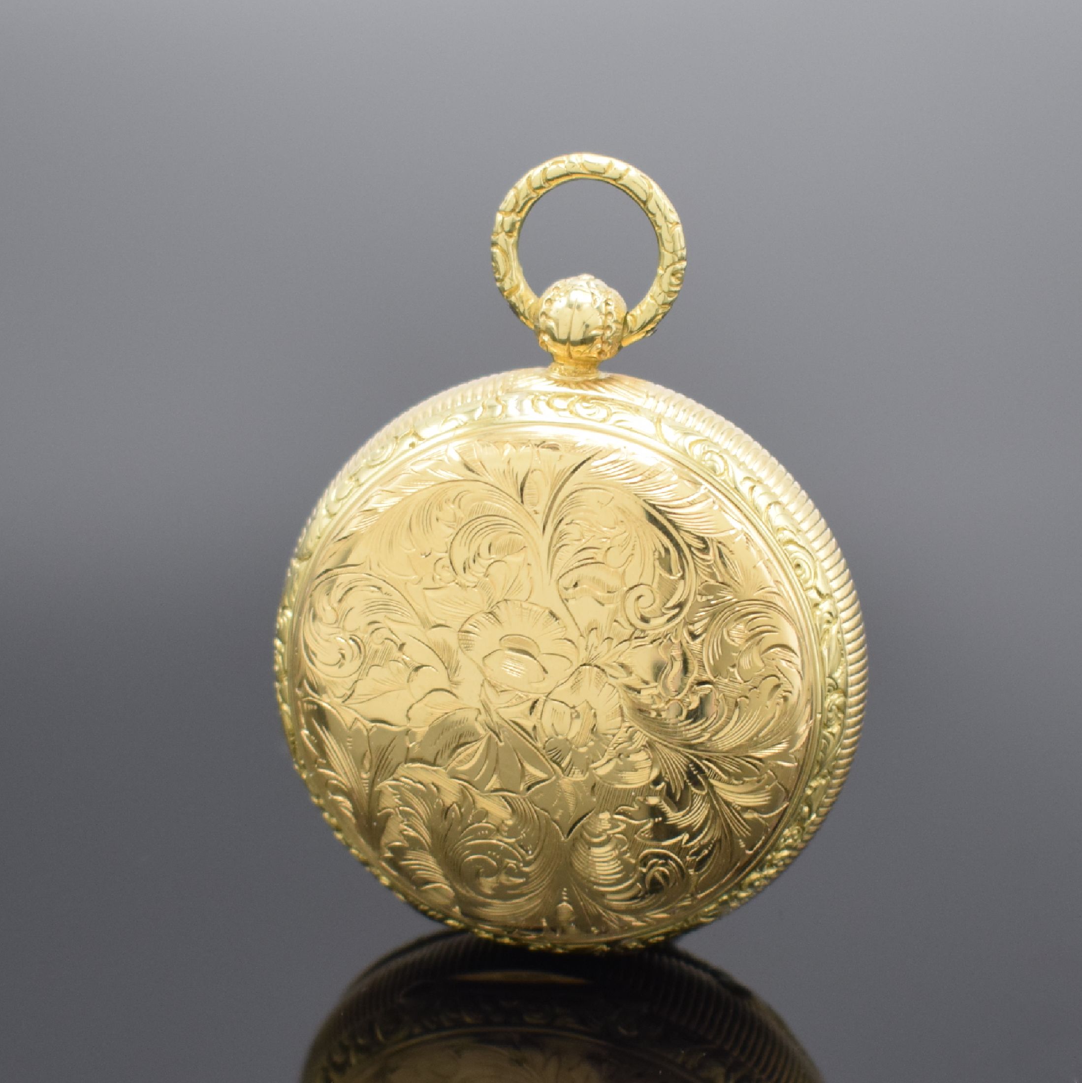 Detail a: LONDON A 1822 offene Herrentaschenuhr mit Schlüsselaufzug in GG 750/000, Boden m. Blumendekor, massives z. T. guill. Gold- Zifferbl., Std.-Zeichen ...