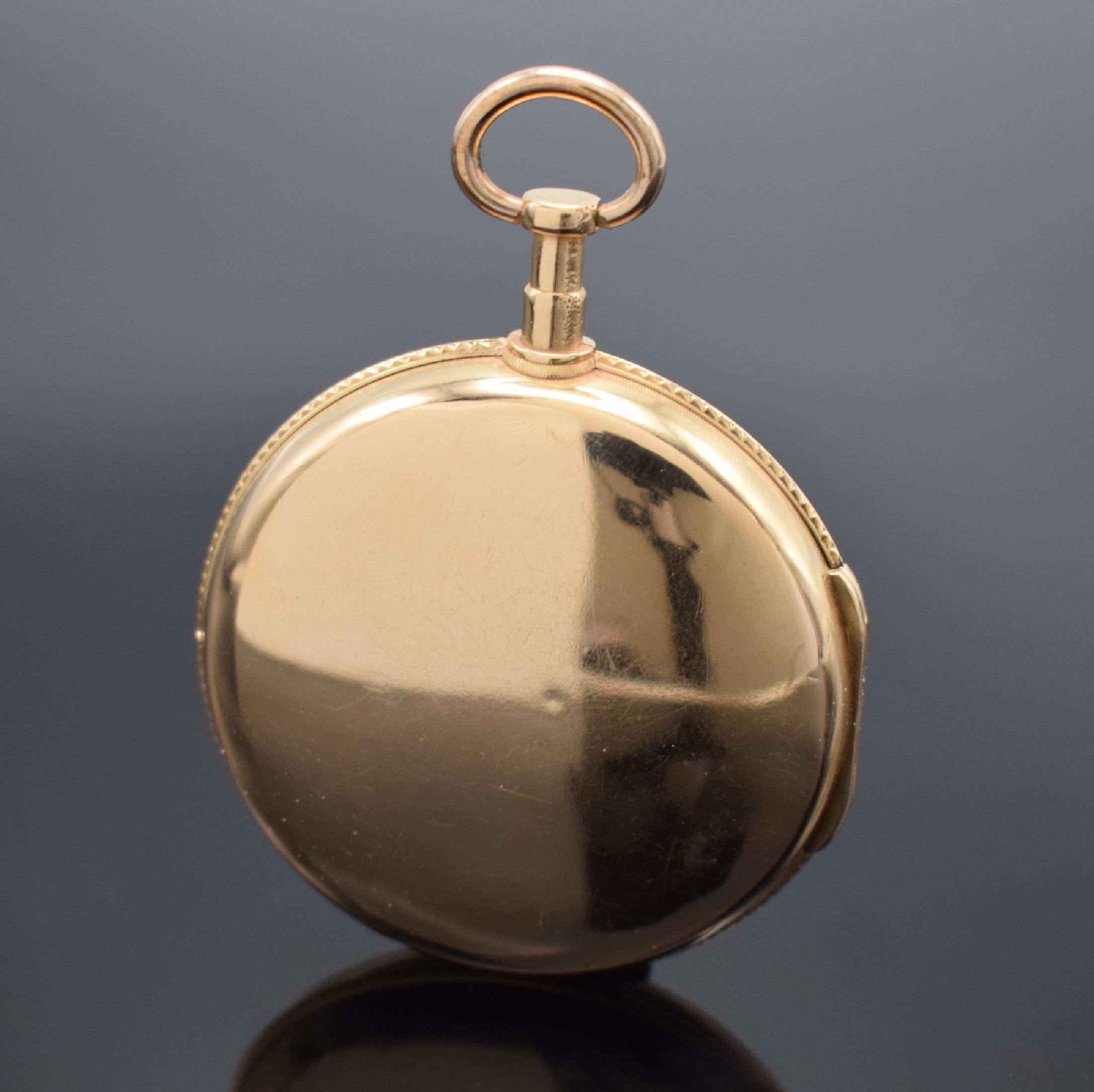 Detail a: DROZ Rouen offene Spindeltaschenuhr in RG 750/000, Frankreich um 1800, 2-teil. Geh., Glasrd. am Scharnier, Emailzifferbl. m. arab. Zahlen besch., ...