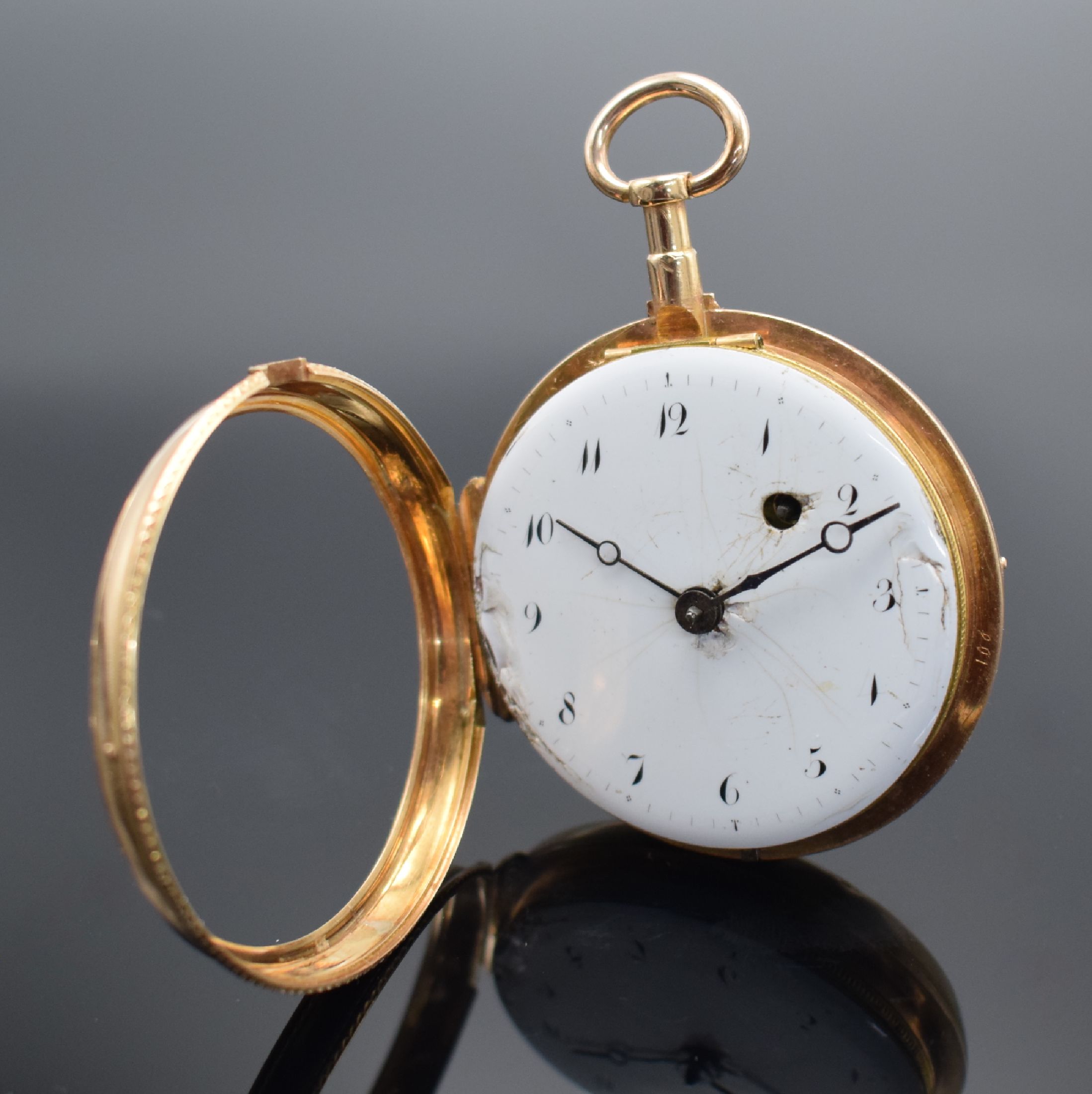 Detail b: DROZ Rouen offene Spindeltaschenuhr in RG 750/000, Frankreich um 1800, 2-teil. Geh., Glasrd. am Scharnier, Emailzifferbl. m. arab. Zahlen besch., ...