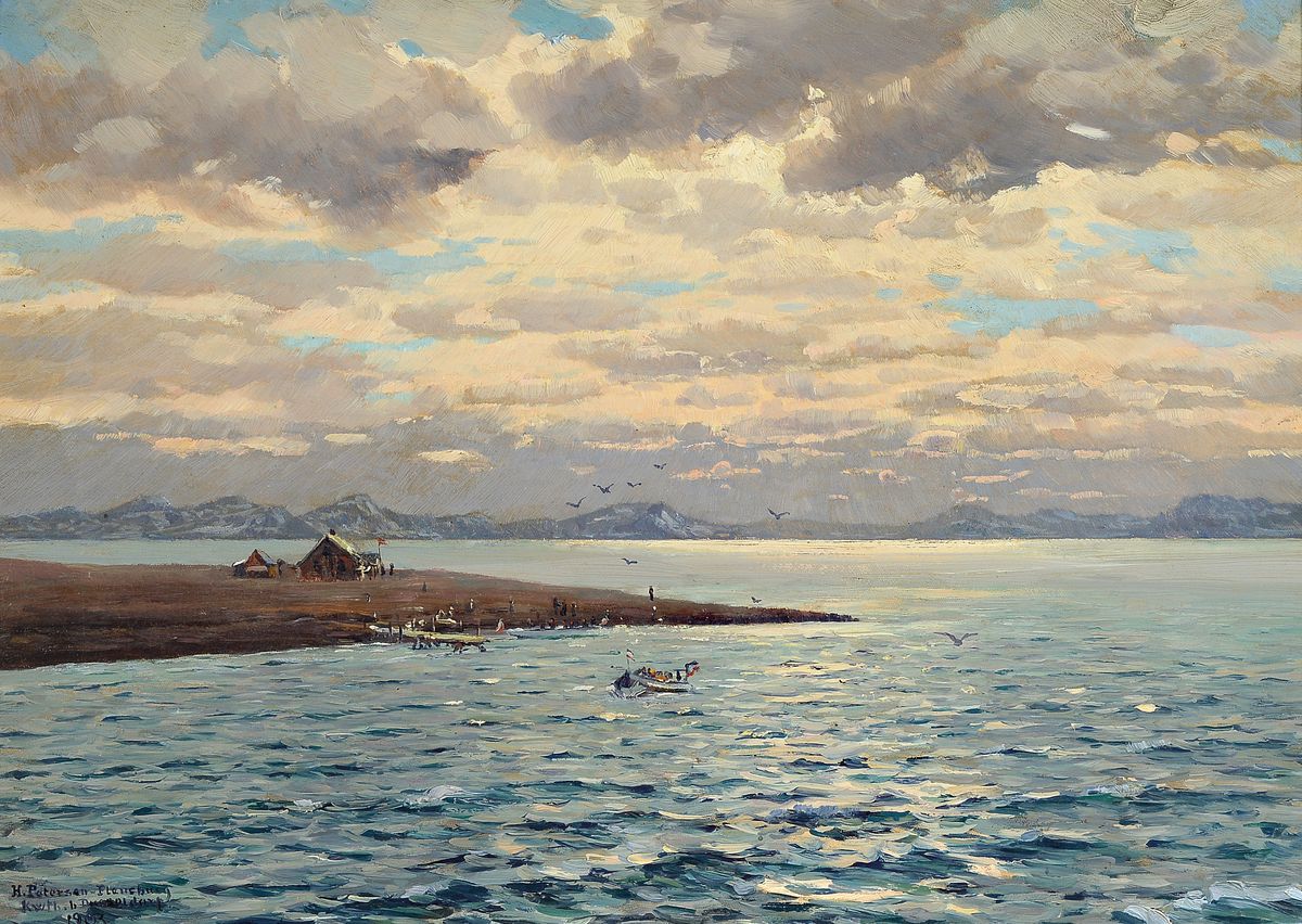 Heinrich Petersen-Flensburg, Aahus 1861 - 1907 Kaiserwerth, "Adventhai Spitzbergen", rückseitig betitelt und bezeichnet, Öl/Lwd, li. u. ...