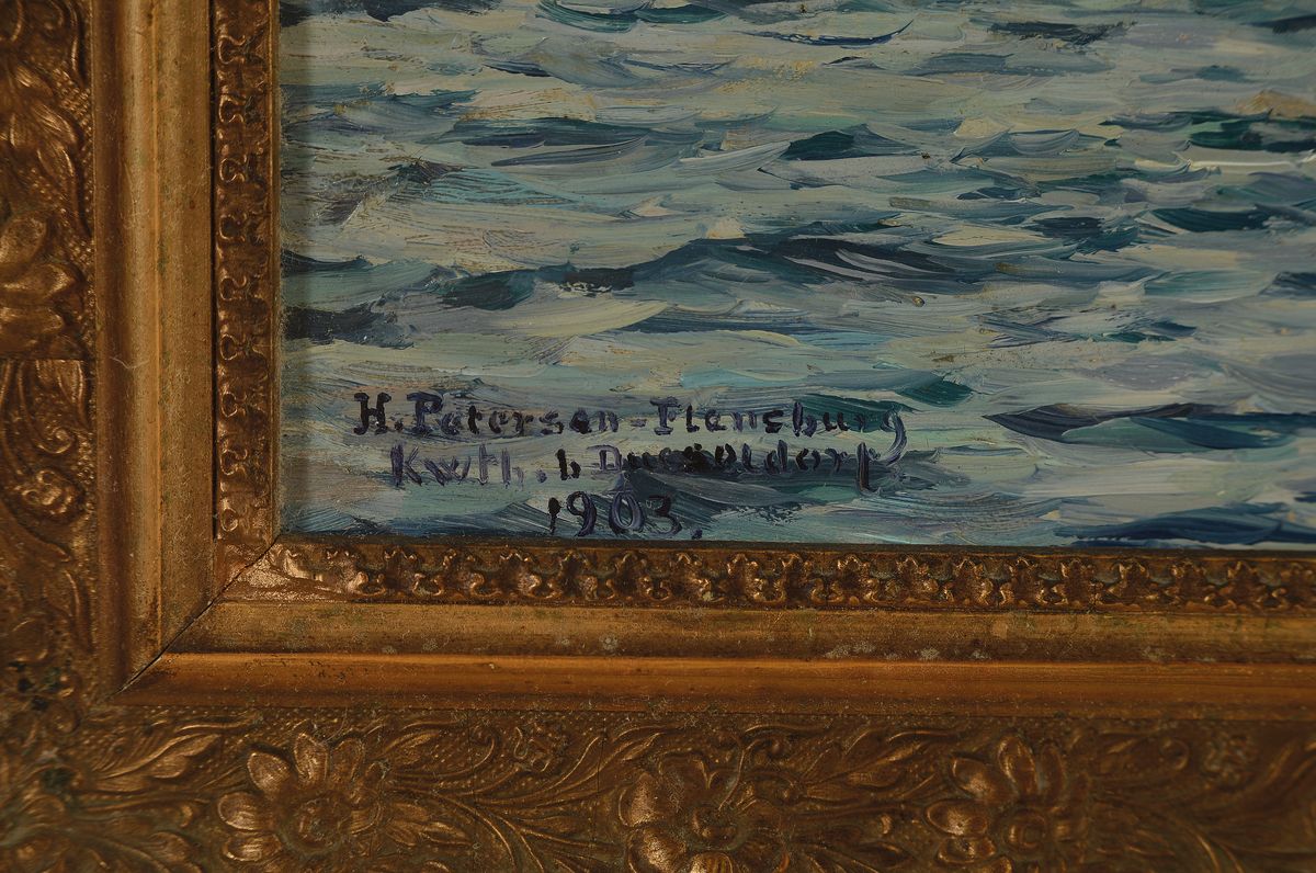Detail a: Heinrich Petersen-Flensburg, Aahus 1861 - 1907 Kaiserwerth, "Adventhai Spitzbergen", rückseitig betitelt und bezeichnet, Öl/Lwd, li. u. ...